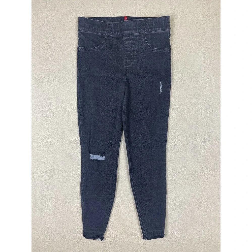 Spanx Distressed Skinny Jeans Womens M Black Mid Rise Pull On Elastic‎ Waist
